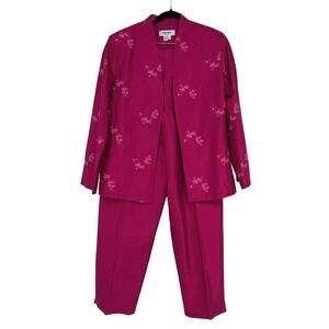 Nira Nira New York Womens L Fuchsia Pink 100% Silk Embroidered Pant Suit Set